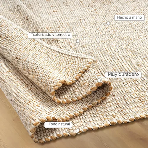 Miniatura 5 de GRUHUM Alfombra rectangular de algodón de yute de 5 x 8 pies, tejida a mano, de tela natural, para sala de estar, dormitorio y cocina, alfombra