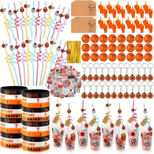 Weysat Juego de 268 piezas de regalos de fiesta de baloncesto para 24 personas, regalos de cumpleaños, tazas de golosinas con pajitas, llaveros,