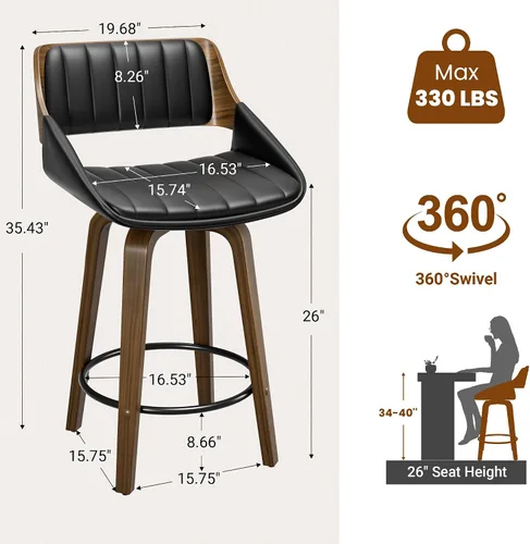 Miniatura 3 de YaFiti Taburetes de bar giratorios, taburetes de bar de 26 pulgadas de altura de mostrador, taburetes modernos de mediados de siglo con respaldo