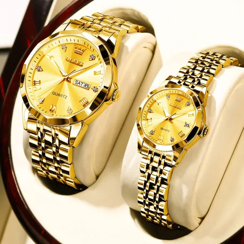 Miniatura 18 de OLEVS Juego de 2 relojes de cuarzo para parejas de San Valentín, calendario luminoso, ventana de fecha, 3 ATM, impermeable, casual, acero