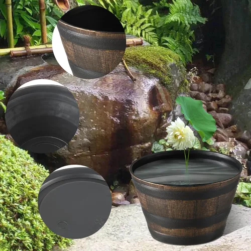 Miniatura 5 de YI Paquete de 4 macetas de jardín de barril de whisky de 13 pulgadas de resina de roble rústico para macetas de interior y exterior