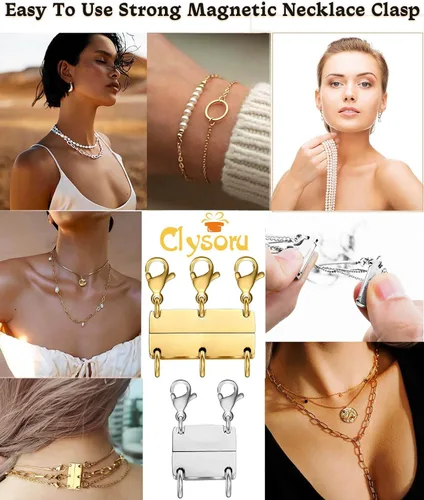 Miniatura 6 de Clysoru Collar con cierres y cierres para mujer, oro y plata, múltiples para separador en capas, cuentas extensoras de cadena, collares y pulseras