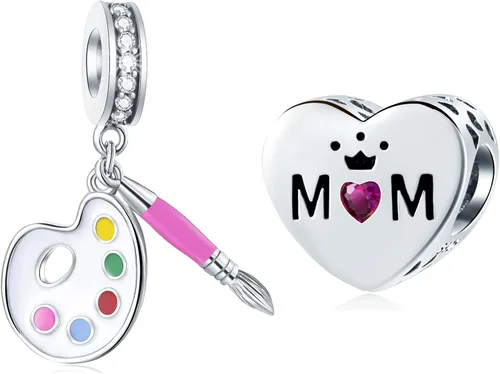 GEMDAZZ Juego de 2 piezas de paleta de artista y pinceles de pintura y dije de amor reina mamá en plata de ley 925, regalo para abuelaesposa, Plata,