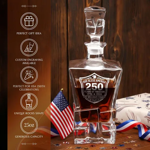 Miniatura 4 de Personalized 250th Anniversary Rocks Whiskey Decanter Set – USA 250 Independence Gift for Men, Custom Engraved Family Name or Text, Decanter, 4