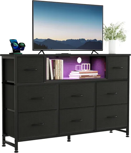 Miniatura 13 de DUMOS - Cómoda para TV con 8 cajones de tela, cómoda, color negro APP Control LED Lights and Type-C Charging Station, Fabric Storage Tower TV