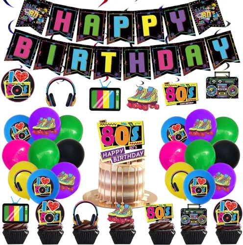 Decoraciones de fiesta de cumpleaños de los años 80, cartel de feliz cumpleaños de los 80, retro para fiesta, espirales colgantes, globos de hip