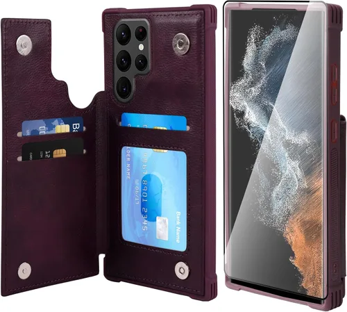 Miniatura 22 de VANAVAGY Funda tipo cartera compatible con Galaxy S22 con soporte para tarjetas de bloqueo RFID, piel sintética, cierre magnético, función atril