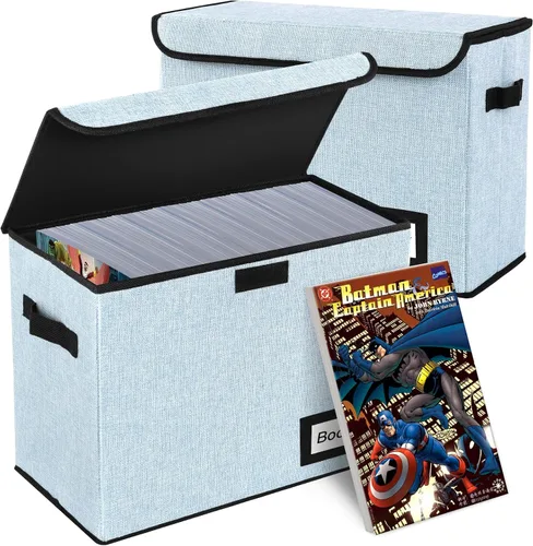 Miniatura 31 de Paquete de 2 cajas de almacenamiento para cómics, colección de 40 cm x 20 cm x 30 cm, plegable, contenedor organizador para 160-180 cómics, estante
