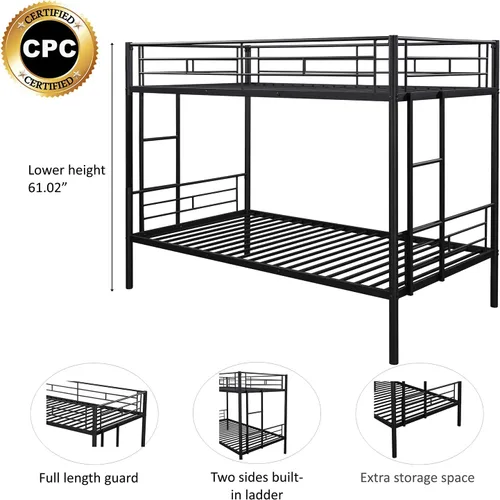 Miniatura 4 de Litera de metal resistente de tamaño individual sobre individual, literas con 2 escaleras laterales, ahorro de espacio, no necesita somier, literas