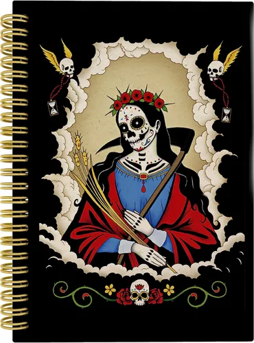 Knibeo Cuaderno gótico con espiral de tapa dura con forro de arte de Santa Muerte Día de los Muertos de 5.5 x 8.3 pulgadas, cuaderno de rayas