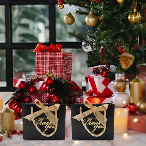 Miniatura 7 de TKSBAG Paquete de 20 pequeñas bolsas de regalo negras con asas de 5.5 x 2.3 x 4.7 pulgadas, mini bolsas de regalo a granel para baby shower