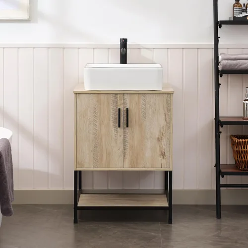 Miniatura 54 de UEV Tocador de Baño de Roble Rústico de 24" con Lavabo, Conjunto de Gabinete de Baño con Marco de Hierro Industrial con Puertas y Estante, con Combo