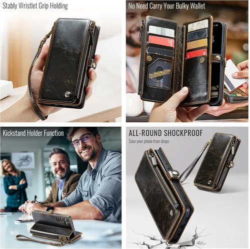 Miniatura 3 de Defencase Funda compatible con Galaxy A13 5G con tarjetero de bloqueo RFID para mujeres y hombres, correa magnética de piel sintética con cierre