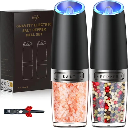 Miniatura 11 de Sangcon Gravity - Juego de molinillos eléctricos de sal y pimienta agitadores MEJORADO capacidad XL de 9 onzas, funciona con pilas, rellenable