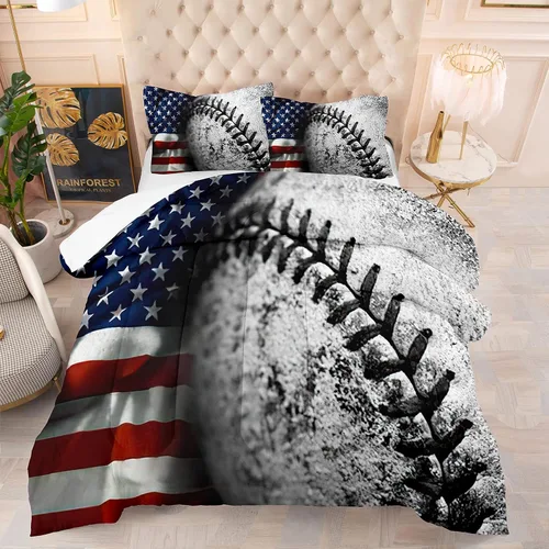 Bodhi Juego de edredón de béisbol tamaño individual para niños, juego de edredón de bandera estadounidense tamaño individual, juego de ropa de cama