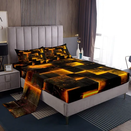 Miniatura 18 de Erosebridal Juego de sábanas de cama negro y rojo, juego de sábanas de tamaño individual abstracto moderno, sábanas a cuadros brillantes 3D, juego