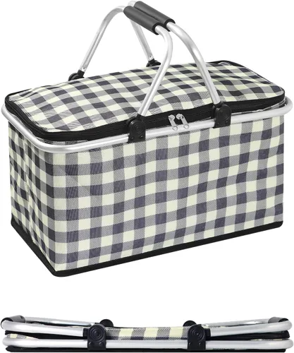 Cesta de picnic aislada, bolsa enfriadora plegable, cesta de comestibles de 32 litros con tapa, 2 asas resistentes, cesta de almacenamiento para