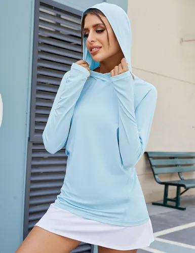 Miniatura 4 de LUYAA Sudadera con capucha para mujer, con protección solar UPF 50+, transpirable, elástica, de manga larga, para correr, entrenamiento al aire libre