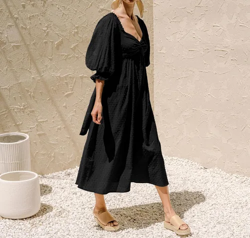 Miniatura 3 de R.Vivimos Vestido de verano bohemio de algodón con mangas abombadas y lunares suizos con cordones fruncidos, casual, acampanado, vestido por debajo