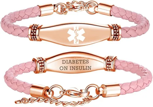 Miniatura 56 de LinnaLove Pulseras de alerta médica para mujeres, hermosas pulseras de cuero femenino para identificación médica con grabado gratuito