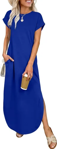 Miniatura 8 de ANRABESS Vestido largo de verano para mujer, casual, manga corta, suelto, dividido, sin arrugas, playa, vacaciones, vestido largo con bolsillos