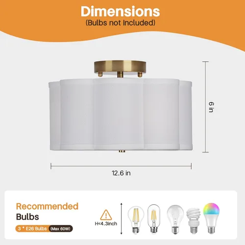 Miniatura 2 de Vexagyle Lámpara de techo moderna de montaje empotrado, lámpara de guardería de 3 luces con pantalla de tela blanca tipo pétalo, lámpara de techo