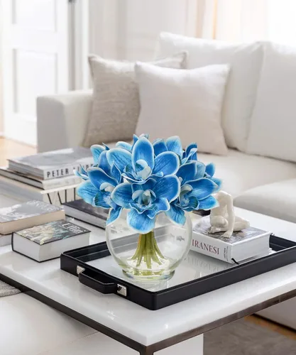 Miniatura 4 de DILATATA Flores sintéticas en jarrón de 9.3 pulgadas, arreglo de flores de orquídea Cymbidium con agua sintética de tacto real para mesa de boda