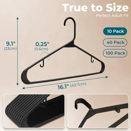 Miniatura 3 de HOUSE DAY Paquete de 10 perchas de plástico color negro, perchas de plástico con ganchos integrados, percha duradera y fuerte para armario, ahorro