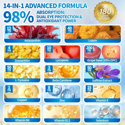 Miniatura 2 de VivoNu Luteína 40 mg con zeaxantina + astaxantina 12 mg - Soporte ocular 14 en 1 y suplemento antioxidante - Licopeno, semilla de uva y vitamina E