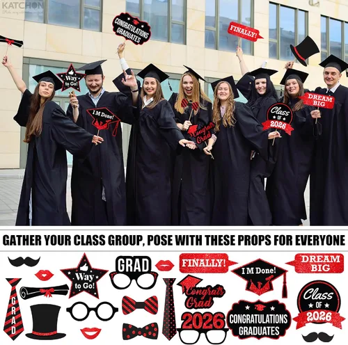 Miniatura 4 de KatchOn, Accesorios para cabina de fotos de graduación 2026 – Paquete de 21 Decoraciones de graduación rojas y negras 2026, accesorios