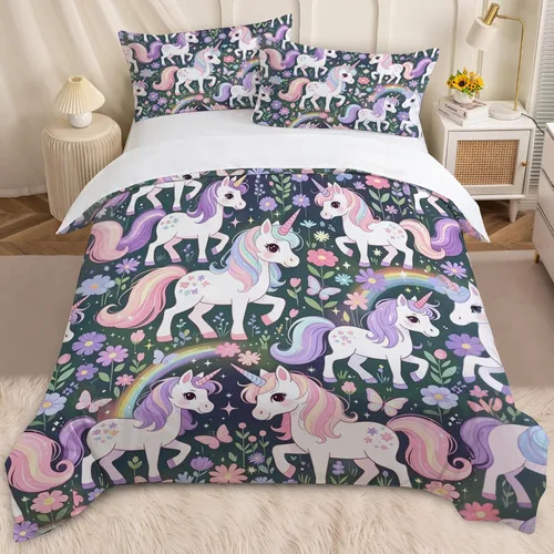 Miniatura 12 de BEDMUST Funda de edredón de unicornio tamaño individual, suave y lindo juego de ropa de cama de unicornio rosa con hojas de flores y pájaros azules