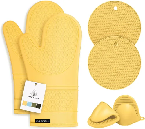 Miniatura 8 de Rorecay Juego de 6 guantes de horno y soportes para ollas para cocina, guantes de horno extralargos de silicona, resistentes al calor, 500 grados