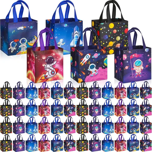 Miniatura 8 de Kigeli 60 bolsas de regalos espaciales de 6 estilos, recuerdos de fiesta espacial, bolsas grandes de regalo no tejidas con asas, bolsa de dulces