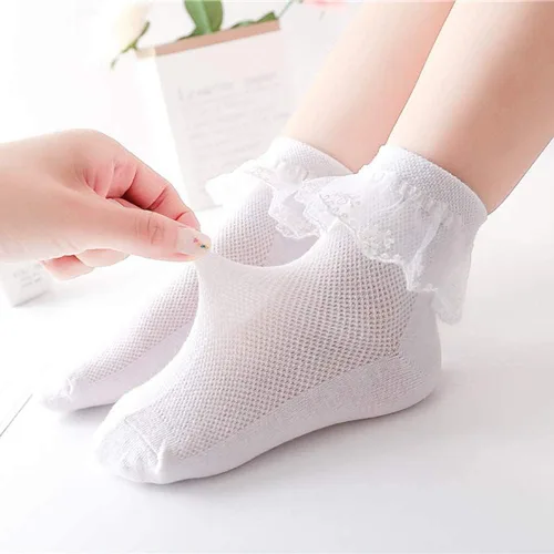 Miniatura 12 de Looching 4 pares de calcetines de encaje de princesa de algodón con volantes sólidos para niñas pequeñas