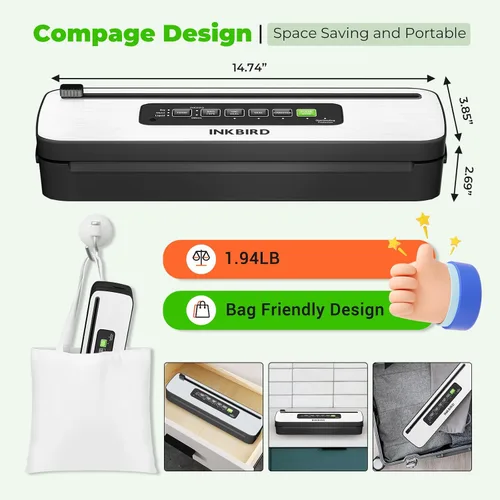 Miniatura 6 de Máquina selladora al vacío, INKBIRD potente de 130W de alta potencia con modos de 6 alimentos líquidos/húmedos/secos, sistema compacto de Negro
