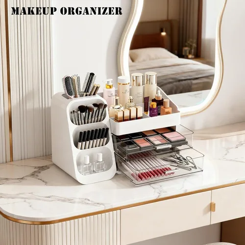 Miniatura 2 de Organizador de maquillaje con soporte para brochas para tocador, espaciosa vitrina de cosméticos con 2 cajones, el organizador de tocador de baño
