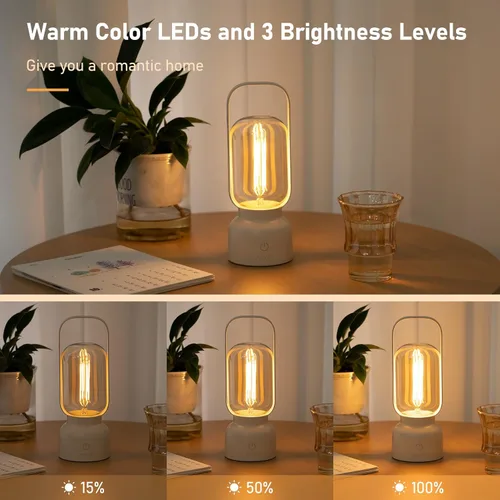 Miniatura 4 de Lámpara LED portátil retro, pequeña lámpara de mesa inalámbrica con interruptor táctil, luz nocturna regulable continua con puerto de carga USB