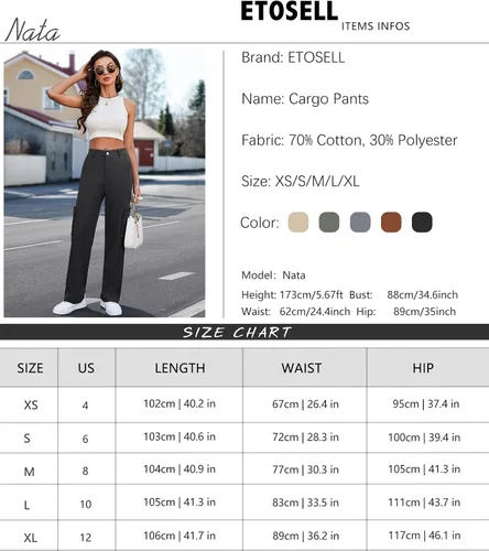 Miniatura 7 de ETOSELL Pantalones cargo de cintura alta para mujer, pantalones casuales de pierna ancha, elásticos, Y2K Streetwear con 6 bolsillos
