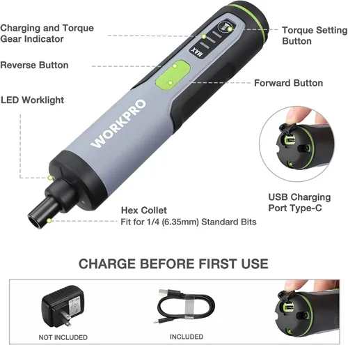 Miniatura 2 de WORKPRO Destornillador eléctrico de 4 V, juego de destornillador recargable inalámbrico con 35 puntas, barra de extensión, cable de carga USB
