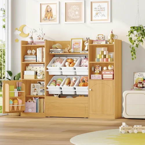 Miniatura 3 de FINETONES Organizador de almacenamiento de juguetes con contenedores extraíbles, estantería 5 en 1 para niños con pecho móvil y estantes para libros