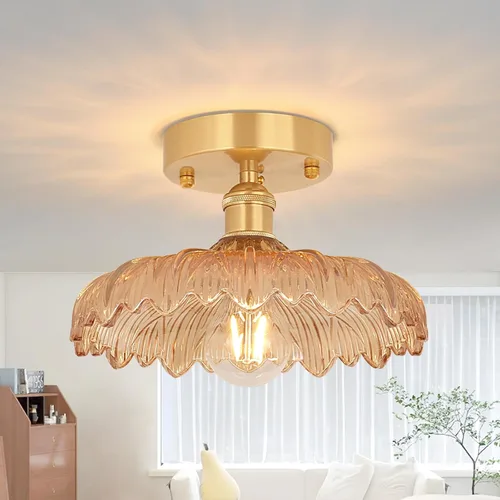 Miniatura 11 de Shenmoyl Luces de pasillo doradas de montaje semiempotrado con vidrio Scindapsus transparente, bombilla incluida, base de 4.72 pulgadas, lámpara