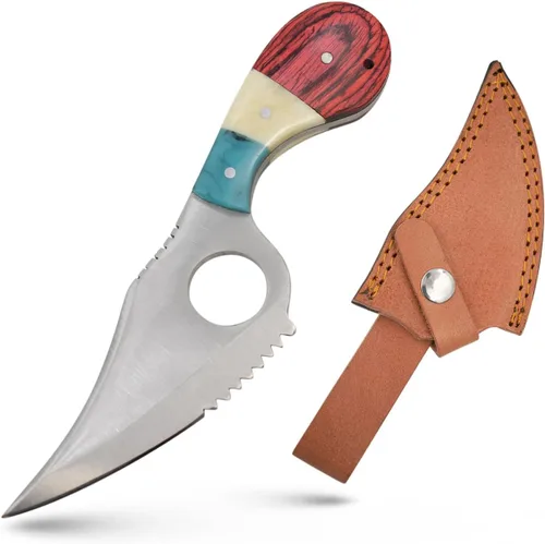 Miniatura 11 de Cuchillo desollador de hoja fija hecho a mano, 7.25 pulgadas en total, 4.25 pulgadas de acero inoxidable media hoja dentada, mango de resina, con bp