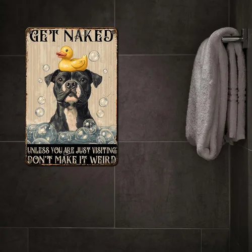 Miniatura 6 de PEACHGARDEN Cartel de Metal Gracioso para Baño Pitbull Letrero de "Póngase Desnudo" Arte de Perro para Pared Decoración de Baño Letrero para Inodoro