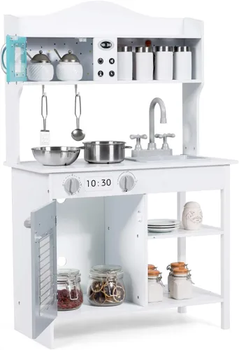 Miniatura 9 de Costzon Juego de cocina para niños, cocina de madera con fregadero, horno, microondas, estufa, ollas, utensilios, juego de cocina con estante, Blanco