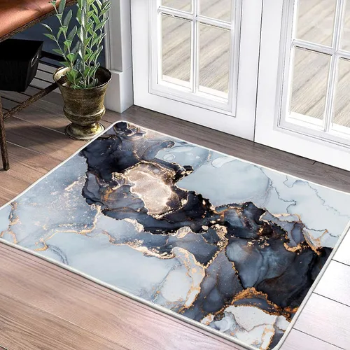 Alfombra abstracta moderna de 2 x 3 pies, alfombra de baño con textura de mármol azul, antideslizante, lavable, alfombra de pelo bajo para