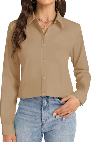 Miniatura 22 de Camisas con botones J.VER para mujer con cuello elástico y manga larga de algodón, camisa de vestir casual de negocios para el trabajo