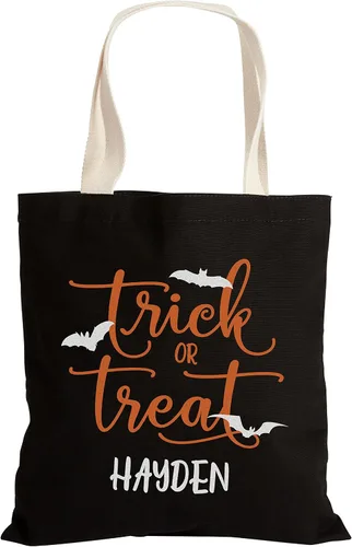 Personalization Universe Trick or Treat - Bolsa personalizada de Halloween para niños, 100% algodón, lavable a máquina, 13 pulgadas de ancho x 14