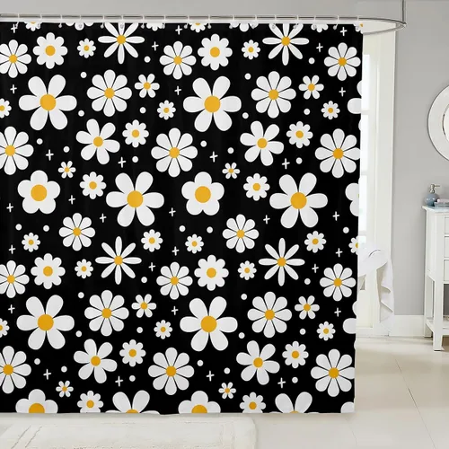 Cortina de baño de flores de margarita para niños y niñas, cortina de ducha floral para decoración de baño, 72 x 72 pulgadas, retro, floral,