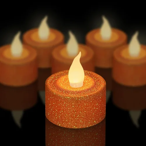 FURORA LIGHTING Paquete de 12 velas LED con purpurina naranja, velas parpadeantes sin llama para decoración del hogar, 1.5 pulgadas de ancho x 1.65