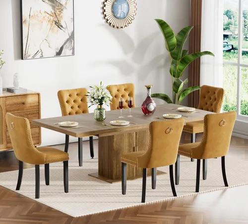 Miniatura 63 de Juego de mesa de comedor extensible de 5 piezas, juego de mesa de comedor extensible de estilo granja para 4, mesa de cocina expandible de madera